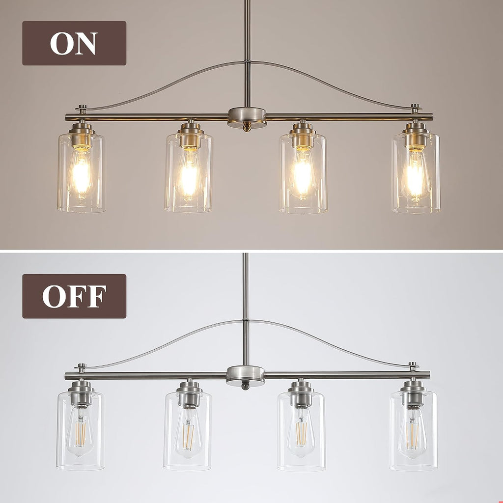 Island Light for Kitchen, 4-Light Linear Chandelier Pendant Lighting for Kitchen Island, Brushed Nickel Dining Room Light Fixture Over Table with Clear Glass Shades