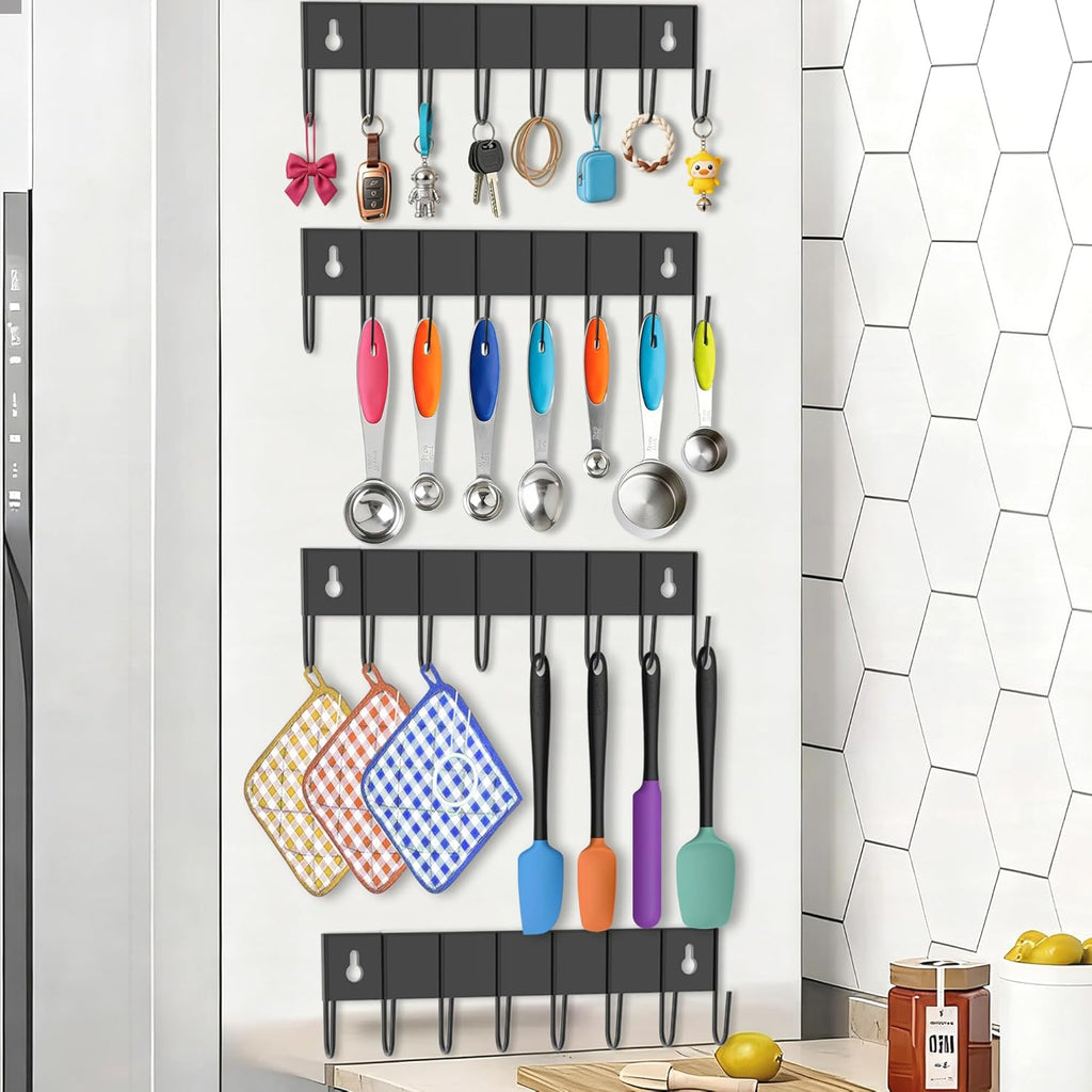 Magnetic Key Holder with 8 Hooks for Fridge Key Hanger Organizer for Wall Mount with 8 Self-Adhesive Sticker No Drilling Required Metal Key Rack for Door, Bathroom, Kitchen,Garage (4, Black)