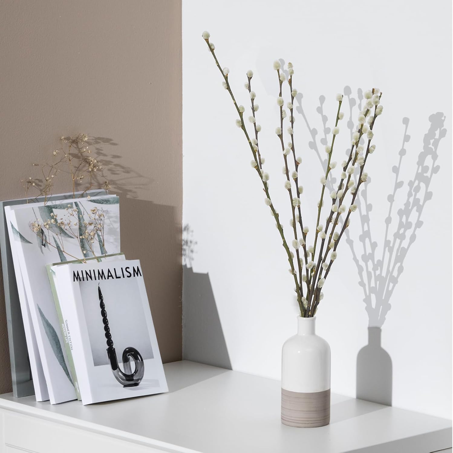 60 Stems 100% Natural 17 Inches Preserved Pussy Willow Flowers Pussy Willow Branches for Vases White Pussywillows for Festival Easter Wedding Home Party Hotel Fireplace Decor