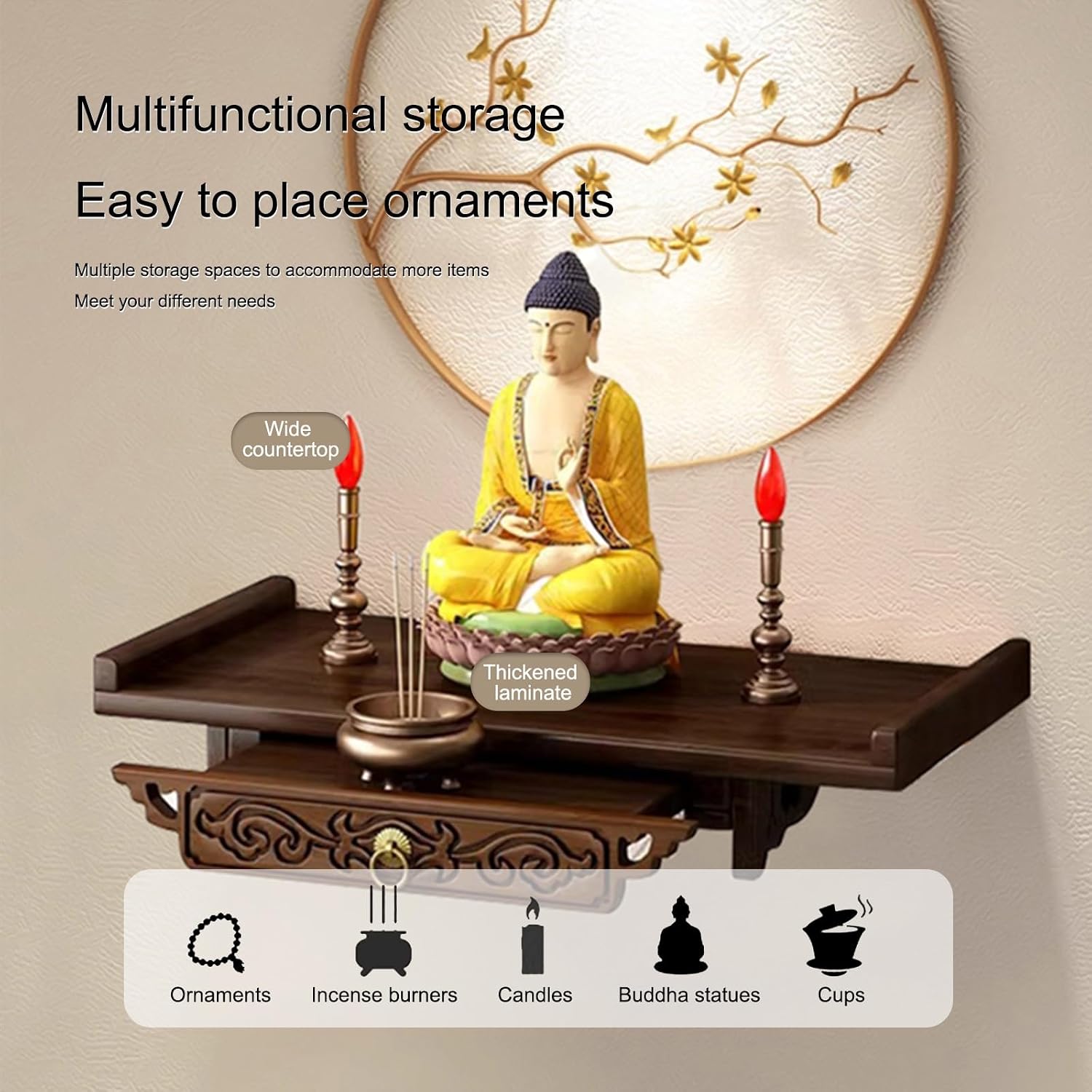 Altar Table, Wall-Mounted Personal Shrine Altar Table, Buddha Niche, Buddha Shelf Statue Stand, Spiritual Activities, Used to Place Photos, Souvenirs etc(66 * 26cm/26 * 10.2in)