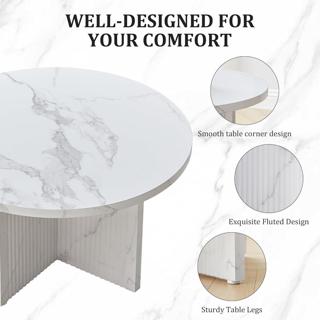 LEVNARY 2-Piece Round Coffee Table Set, 31.5" Coffee Table & 15.78" End Table, Marble-Look Top, Scalloped Fluted Base, Modern Living Room Table Set with Engineered Wood (White)