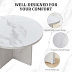 LEVNARY 2-Piece Round Coffee Table Set, 31.5" Coffee Table & 15.78" End Table, Marble-Look Top, Scalloped Fluted Base, Modern Living Room Table Set with Engineered Wood (White)