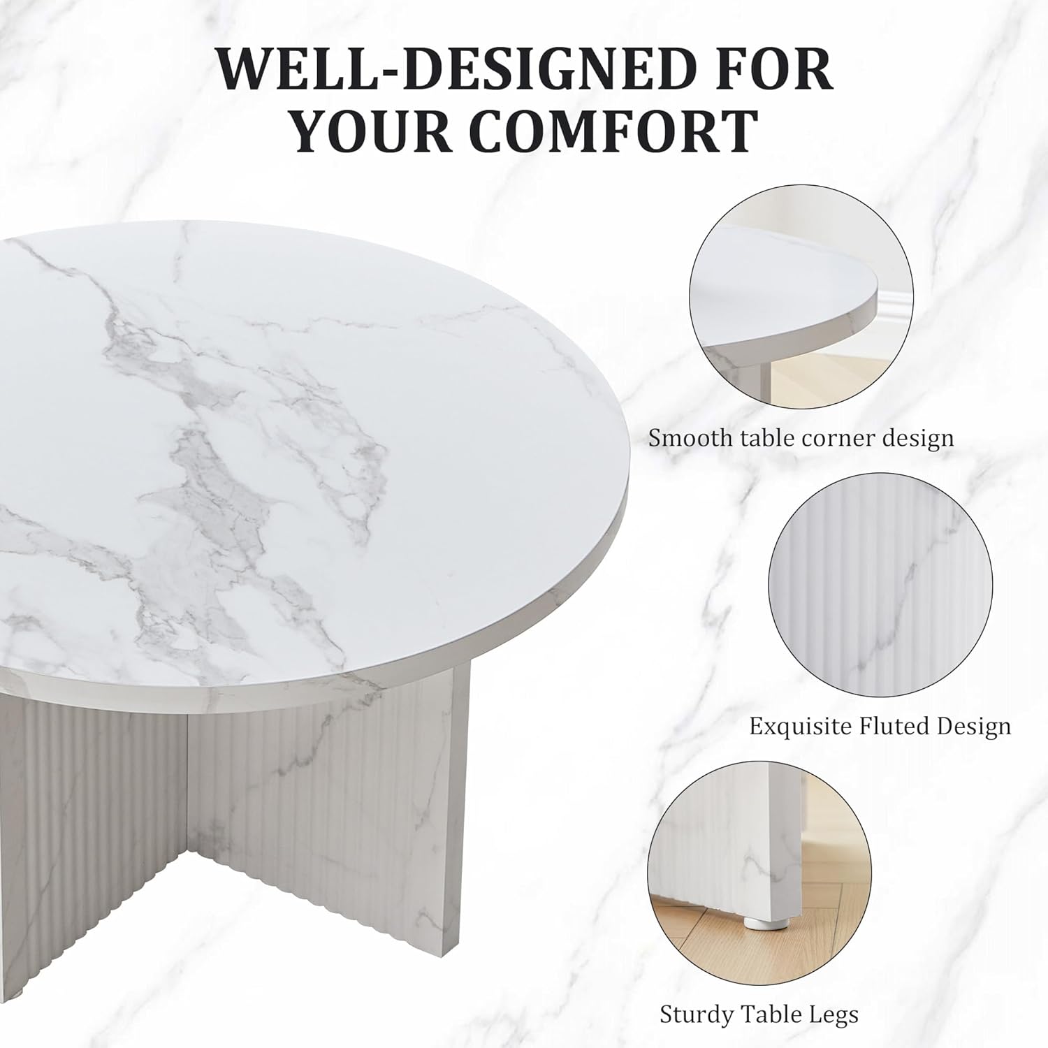 LEVNARY 2-Piece Round Coffee Table Set, 31.5" Coffee Table & 15.78" End Table, Marble-Look Top, Scalloped Fluted Base, Modern Living Room Table Set with Engineered Wood (White)