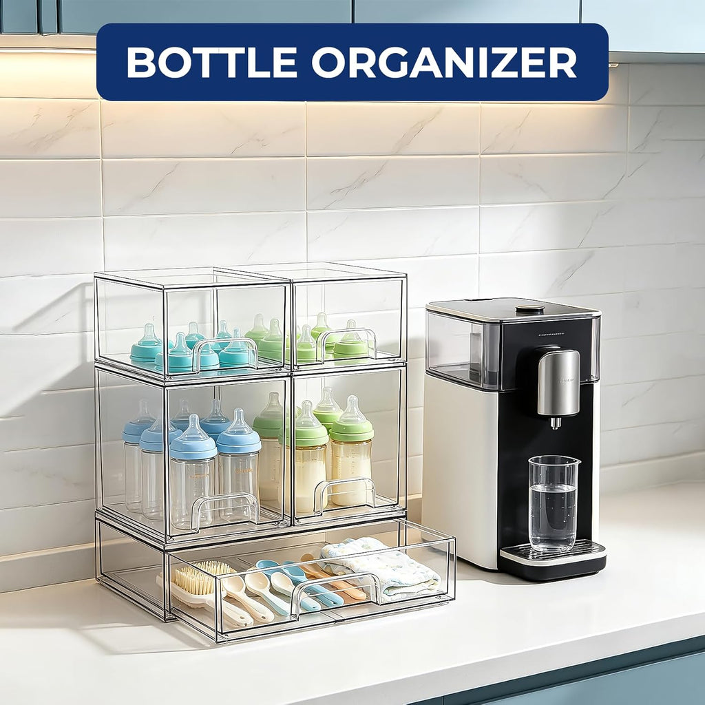 Baby Bottle Organizer Stackable, Acrylic Storage Drawers 5 pack with Non-Slip Pads, Pull-Out Drawers for Baby Bottle, Pump Parts, Pantry, Vanity Countertop (4.4" and 7.6" Tall and 12.1" Wide)