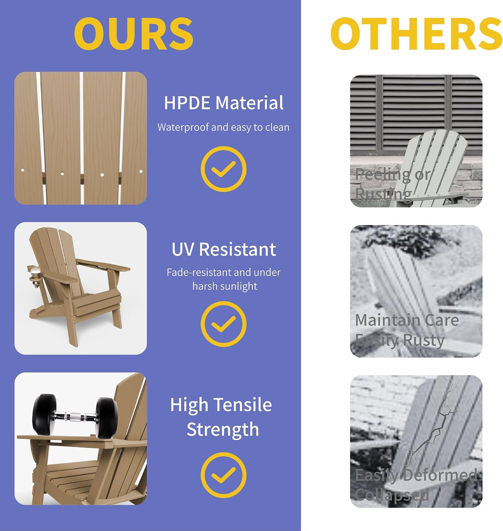 Kingdura Foldable Adirondack Chair, Portable HDPE All Weather Resistant Outdoor Patio Chairs, Wooden Textured with Cup Holder, 380LBS Capacity for Poolside, Backyard, Deck, Fire Pit (Brown)