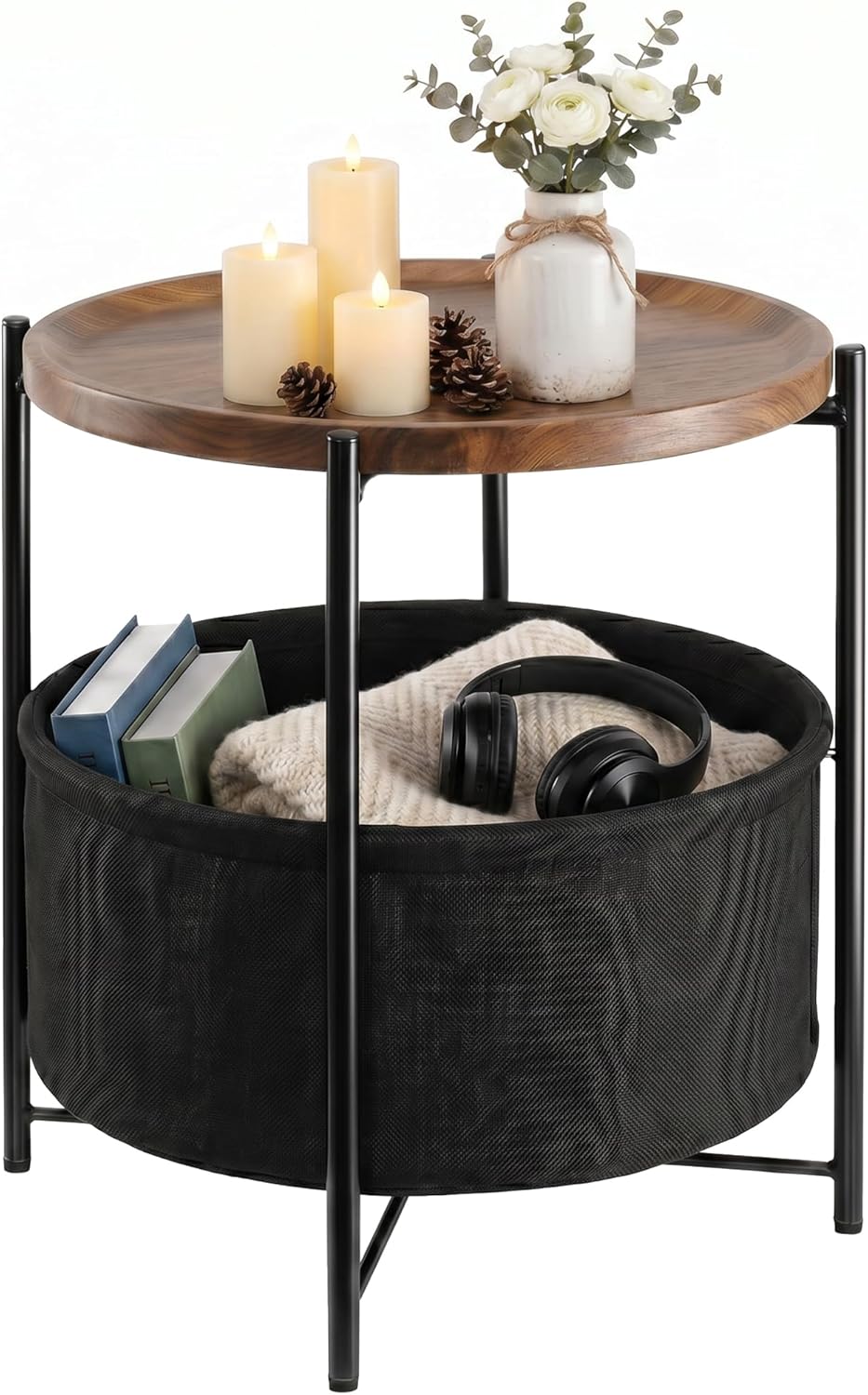 danpinera Round Side Table, Folding Round Metal End Table Small Nightstand with Basket for Bedroom Living Room Bedside Small Spaces Walnut