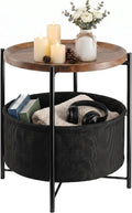 danpinera Round Side Table, Folding Round Metal End Table Small Nightstand with Basket for Bedroom Living Room Bedside Small Spaces Walnut