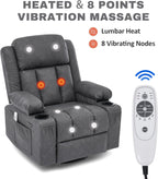 Rocker Recliner Chair with Heat and Massage,360°Swivel Nursery Recliner Chair for Adults,Modern PU Leather Recliner Single Sofa Seat with 2 Cup Holders and Side Pocket (Grey)