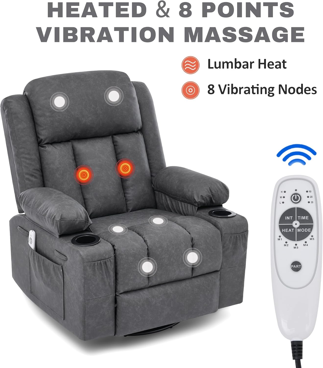 Rocker Recliner Chair with Heat and Massage,360°Swivel Nursery Recliner Chair for Adults,Modern PU Leather Recliner Single Sofa Seat with 2 Cup Holders and Side Pocket (Grey)
