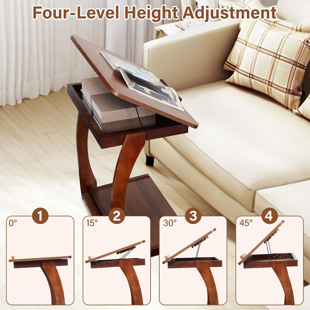 Redriver 24" C Shaped Side Table, Wooden C-Shaped End Table with 3 Adjustable Desktop & 2 Lockable Wheels, Small Couch Rolling Side Table for Living Room, Bedroom