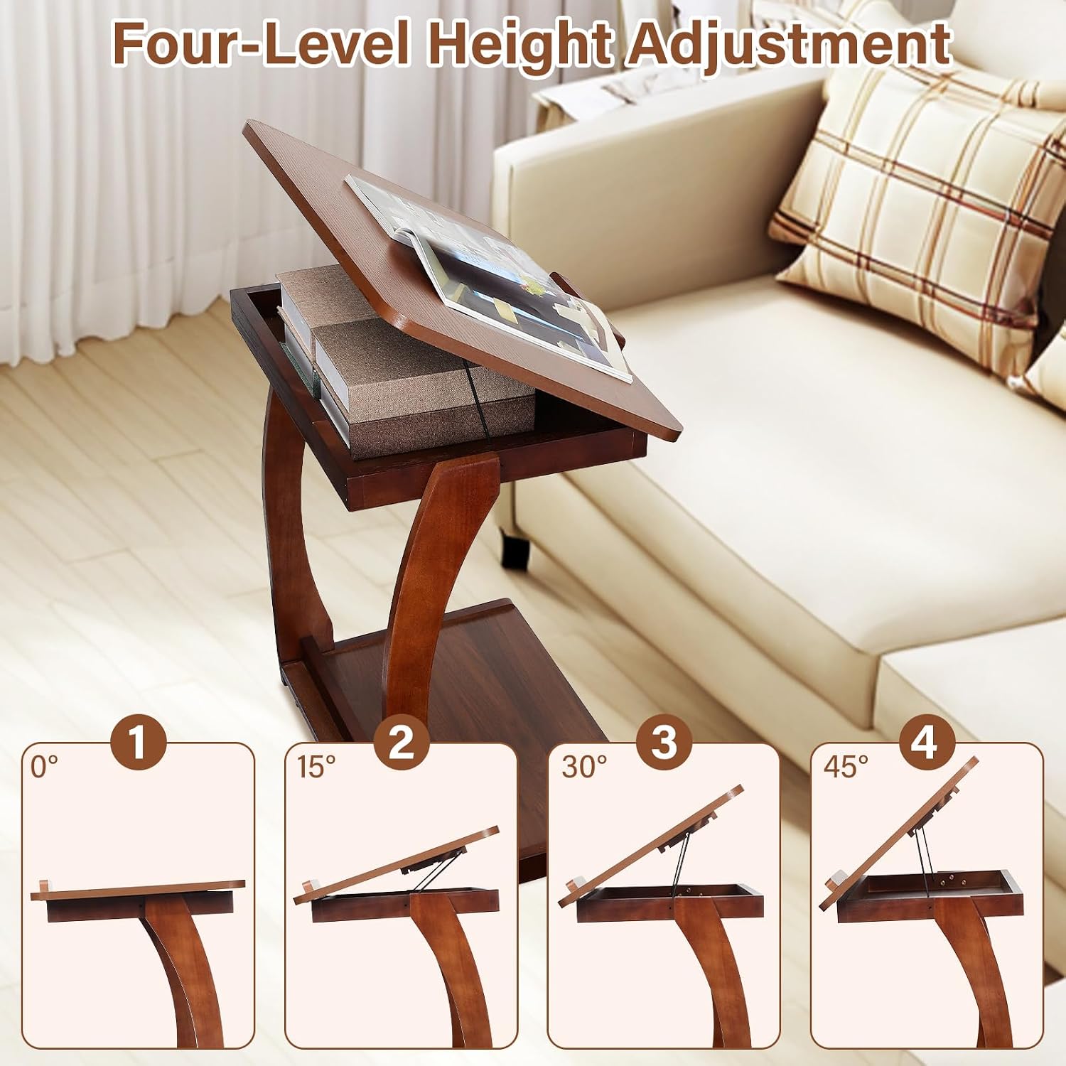Redriver 24" C Shaped Side Table, Wooden C-Shaped End Table with 3 Adjustable Desktop & 2 Lockable Wheels, Small Couch Rolling Side Table for Living Room, Bedroom