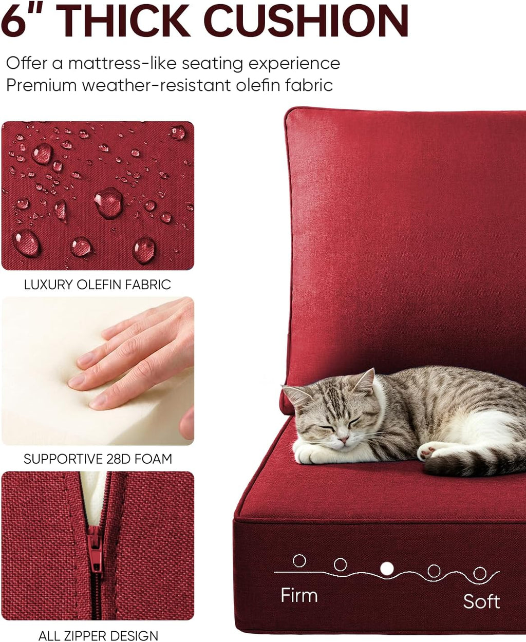 Luxury 22x24/22x25 6-Inch Outdoor Chair Cushions Set of 4 - Heavy Duty Water-Resistant Seat Cushion for Patio Furniture Set Dining Gliding Rocking Chairs Loveseat L-Shape Sofa - Red