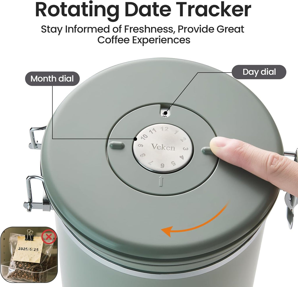 Veken Coffee Canister, 39OZ Large, Airtight Stainless Steel Food Storage Container for 2.2lbs Coffee Beans, Ground, Sugar, Tea, Flour, Cereal, Kitchen Bar Accessories with Date Tracker & Scoop, Green