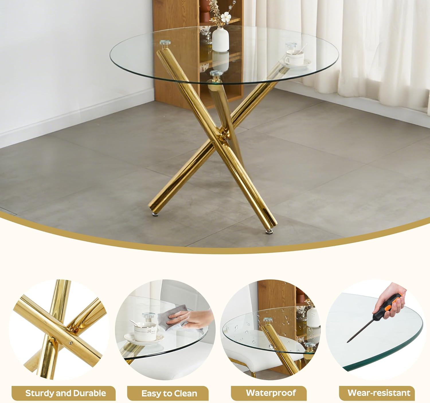 Gold Round Glass Dining Table Set for 4, 36'' Small Modern Kitchen Table Set with 4 White Gold Boucle Upholstered Dining Chairs, 5 Piece Luxury Dining Room Set, Easy Assemble