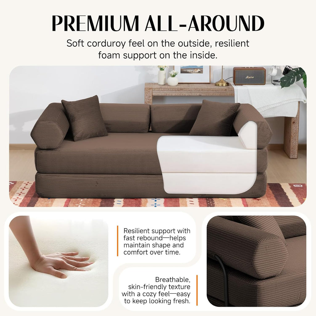 79" Corduroy Sofa Bed, Boneless Couch in a Box with 2 Pillows, High-Density Foam 4-in-1 Foldable Sleeper Futon Loveseat for Small Spaces, No Assembly, Side Pockets, Hex Arm Brown