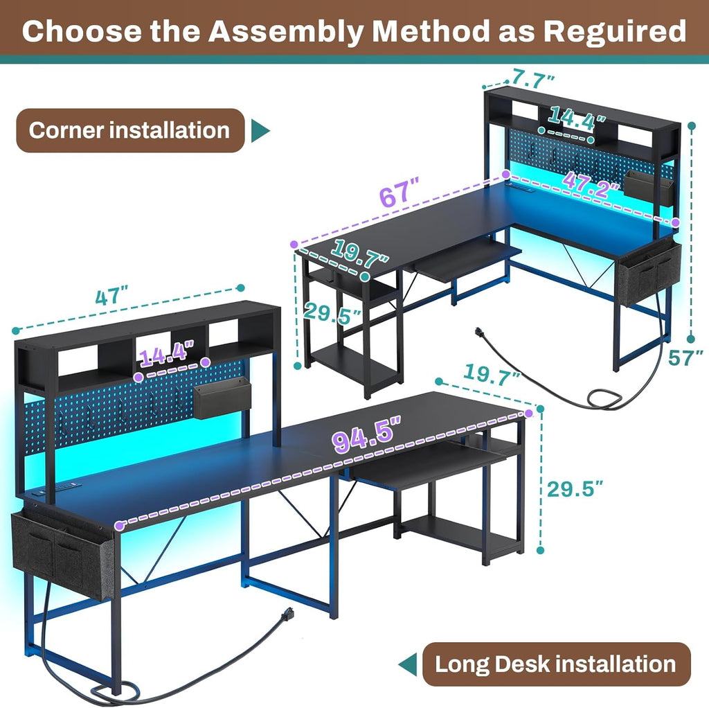 SEDETA L Shaped Gaming Desk, Reversible Computer Desk with Power Outlet and Pegboard, Gaming Desk with Led Lights, Keyboard Tray and Storage Bag for Home Office, Black