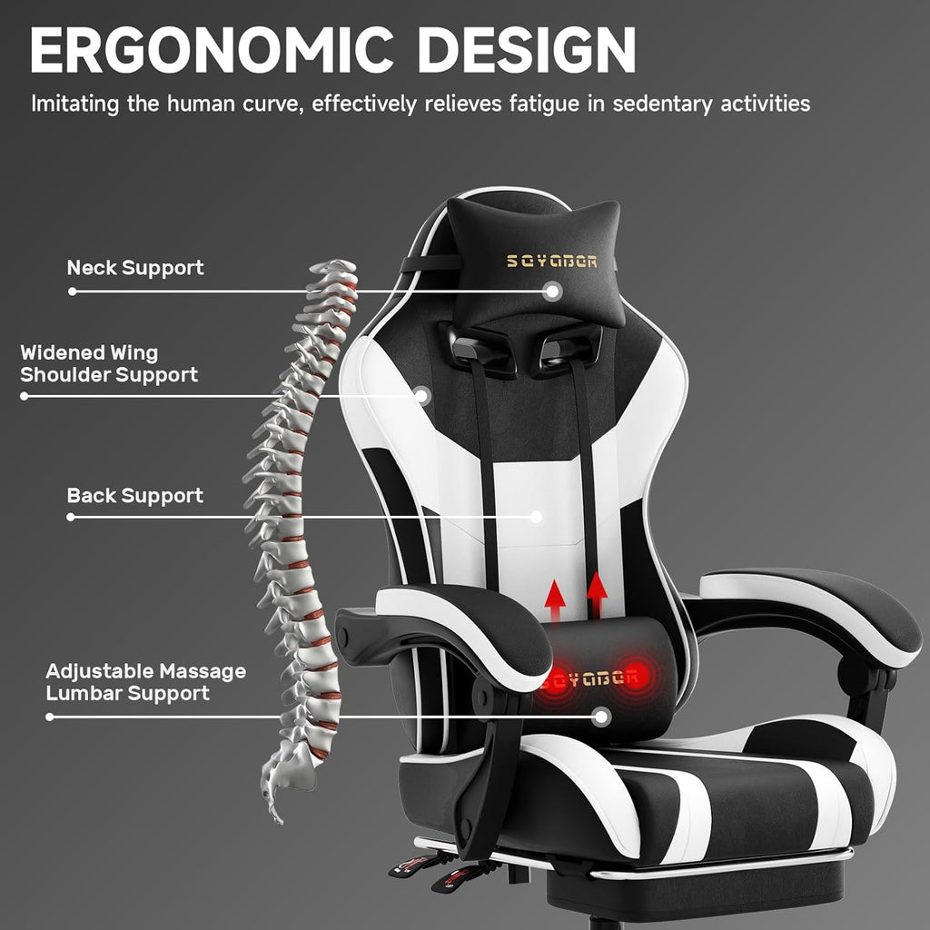 Ergonomic Gaming Chair,A Versatile 3-in-1 Video Game Chair for Work, Study, and Gaming,Features an Adjustable Backrest, Footrest, and Linked Armrests Office Chair for Adults,Blackwhite