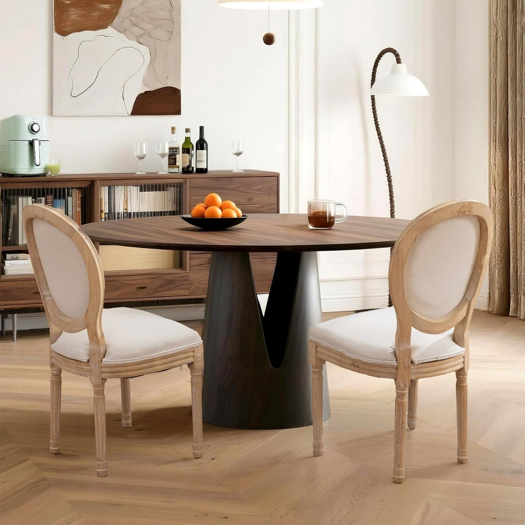 French Country Dining Chairs Set of 2,Farmhouse Upholstered Dining Room Chairs with Round Back and Solid Leg,Fabric Kitchen Side Chairs for Kitchen/Bedroom/Dining Room,Beige
