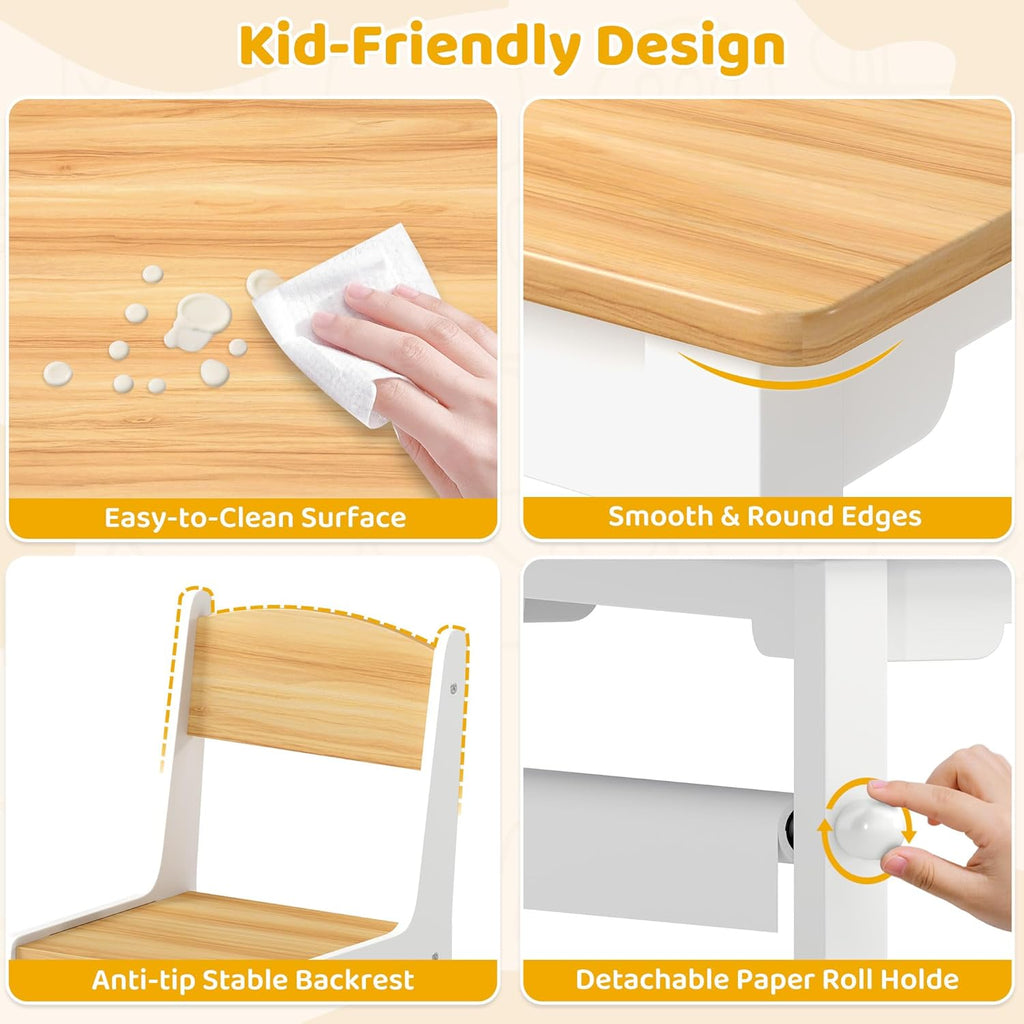 DOREROOM Kids Art Table and Chair Set, Craft and Play Wood Activity Table with Storage Bins and Paper Roll, Toddler Desk for Playroom/Nursery/Home, Kids Table and Chairs Set for Drawing/Learning/Read