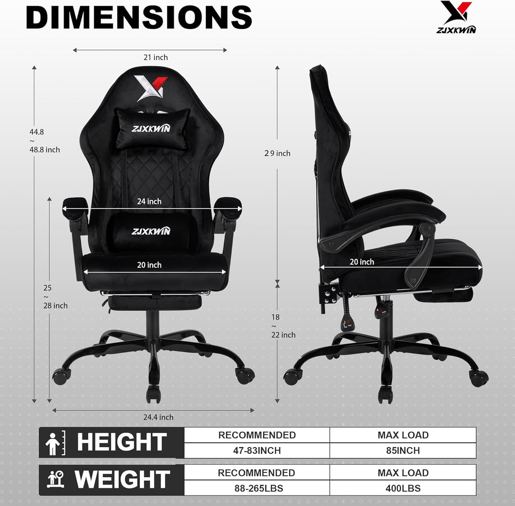 Velvet Gaming Chair, Ergonomic High Back Racing Chair with Footrest, Spring Wide Cushion, Adjustable Headrest & Lumbar Support, 90-135° Recline, 360° Swivel, 300lbs for Home Office, Black