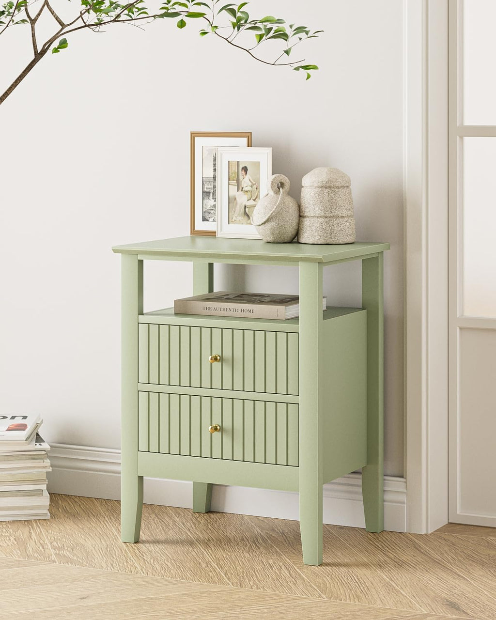 Fluted Nightstand, Farmhouse Night Stand with 2 Drawers, Mid Century Modern Side Accent Table,Bedside End Table for Bedroom, Living Room, Green