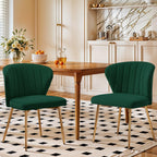 Velvet Dining Chairs Set of 2, Modern Upholstered Vanity Chairs with Golden Metal Legs for Dining Room Kitchen Vanity Patio (Green)