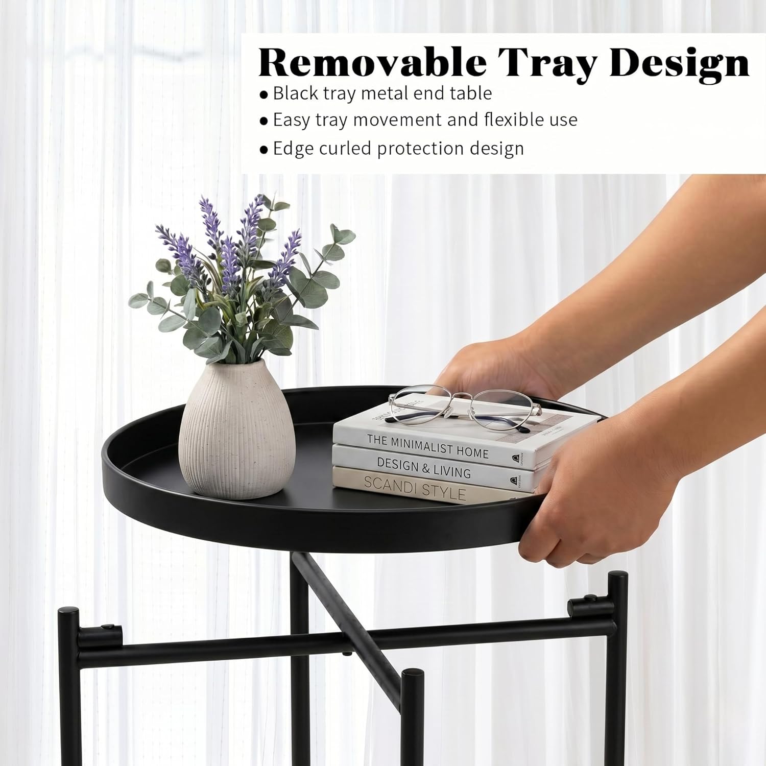 TeoKJ 2 Tier Round Side Table, Folding Round Metal End Table Small Nightstand with Two Removable Tray for Bedroom Living Room Bedside Small Spaces Black