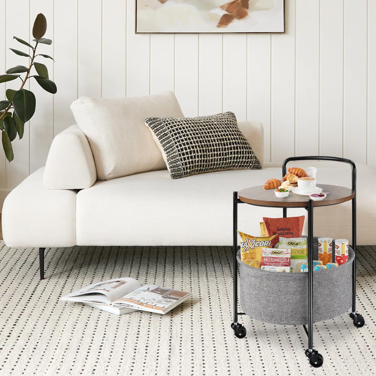 Rolling Round Metal Side Table,2-Tier Storage Side Table with Wheels,End Coffee Table with Steel Frame and Fabric Storage Basket,Cart Side Table Tray for Living Room,Bedroom,Wood Black