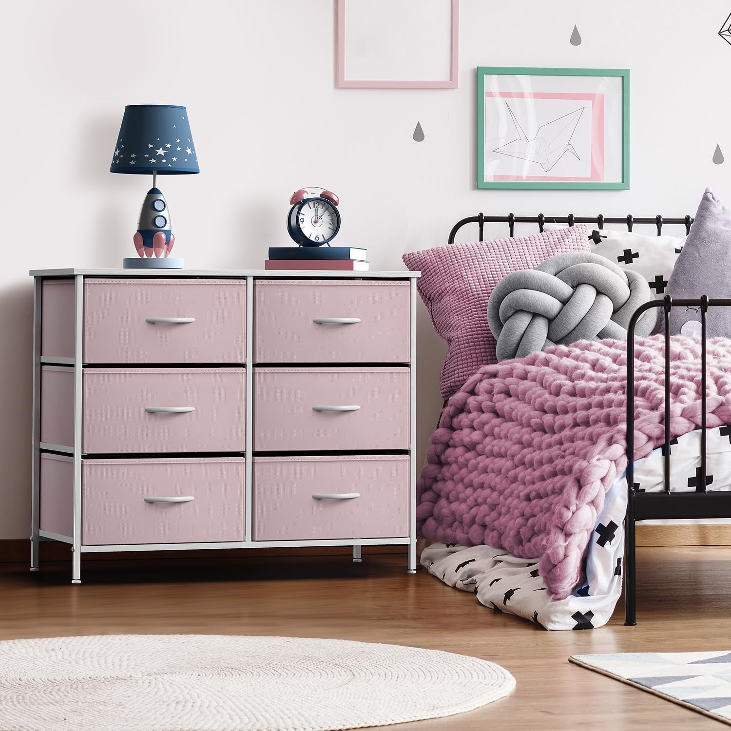 Sorbus Dresser with 6 Drawers - Furniture Storage Tower Unit for Bedroom, Hallway, Closet, Office Organization - Steel Frame, Wood Top, Easy Pull Fabric Bins (6-Drawer, Pastel Pink)