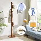 IBUYKE Wooden Coat Rack Freestanding,8 Hooks,3 Height Options,Brown WD-113 | Round Base Coat Hanger,Easy Assembly,Clothes Rack for Hallway Entryway Living Room Bedroom for Coats Hats Handbags