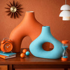 Patelai Set of 2 Mid Century Modern Decor Ceramic Donut Vases, Nordic Boho Round Matte Finish Decor for Home Dining Room Living Room Office Bedroom Shelf(Orange Blue)