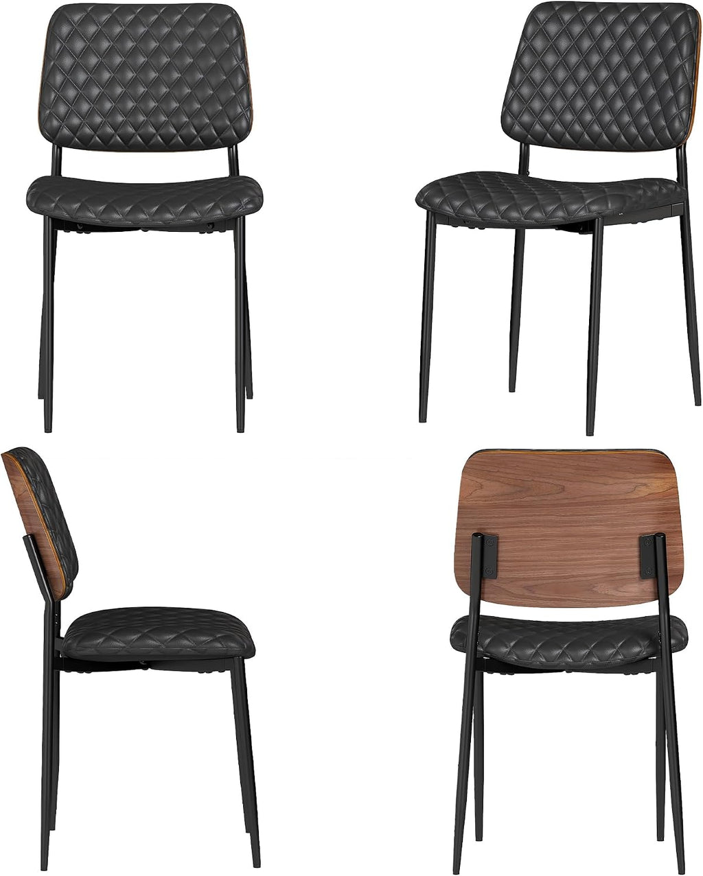 AODAILIHB Mid Century Modern Kitchen Chairs Set of 2, PU Leather Upholstered Dining Chairs with Walnut Bentwood Back, Sturdy Metal Legs & Adjustable Feet, Black