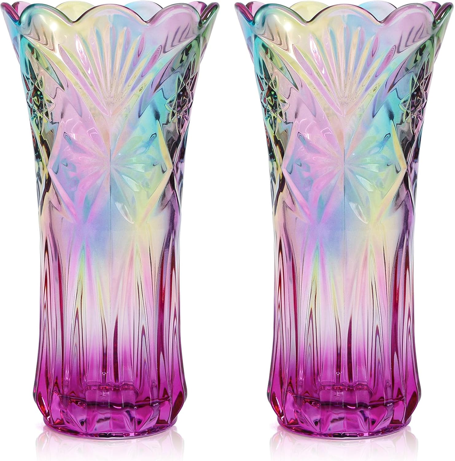 Dicunoy Set of 2 Glass Colorful Flower Vase, 9" Large Colored Crystal Flower Vase for Centerpieces, Heavy Duty Tall Flared Vase with Base for Dining Table, Living Room, Bouquet, Home, Wedding, Office