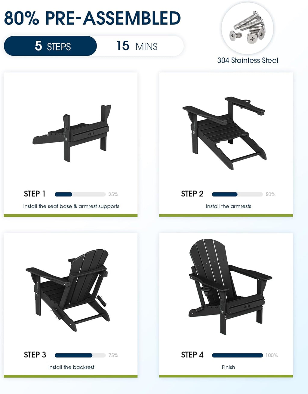 MUCHENGHY Folding Adirondack Chairs Patio Chairs Outdoor Adirondack Chair Weather Resistant Chair for Patio, Outside, Deck, Backyard, Fire Pit Chair, Campfire Chairs (Black)