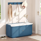 Hall Tree with Bench and Shoe Storage, Entryway Bench with Sliding Door Cabinet, Removable Padded, Metal Wall Hooks and Adjustable Storage Compartments, for Entry, Hallway, Living Room, Blue