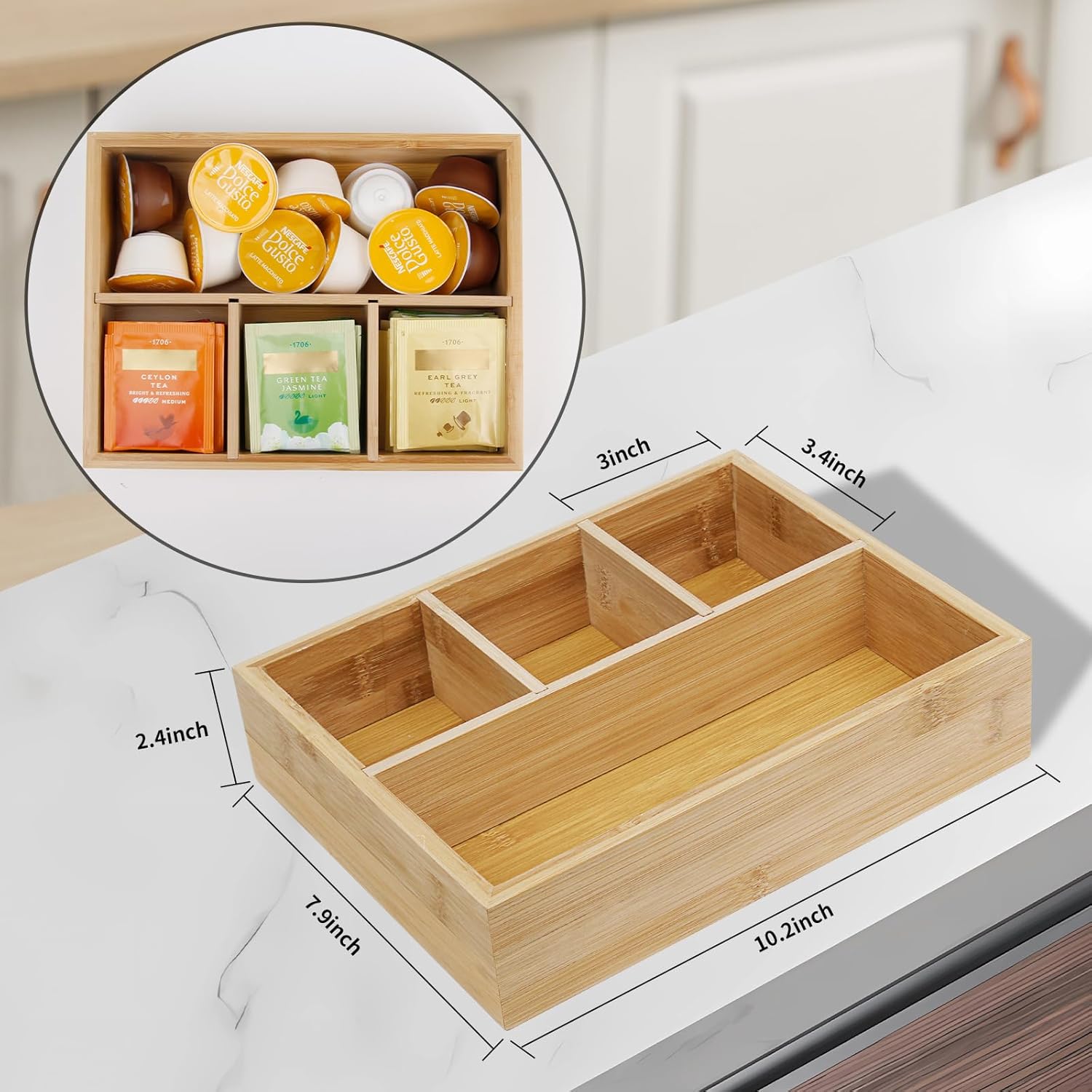 Tea Bag/Sugar Packet Holder,Coffee Station Condiment Organizer,Bamboo Tea Organizer,Large 4-Compartment Organizer Tray for Drawer/Shelf/Countertop,10.2 x 7.9 x 2.4 inch
