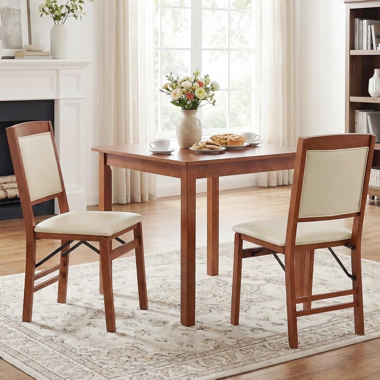 COSTWAY Folding Dining Chairs Set of 2, Wooden Kitchen Side Chairs w/Padded Seat, Solid Wood Frame, 400 LBS Load Bearing, No Assembly Needed, Vintage Foldable Chairs for Dining Living Room, Walnut