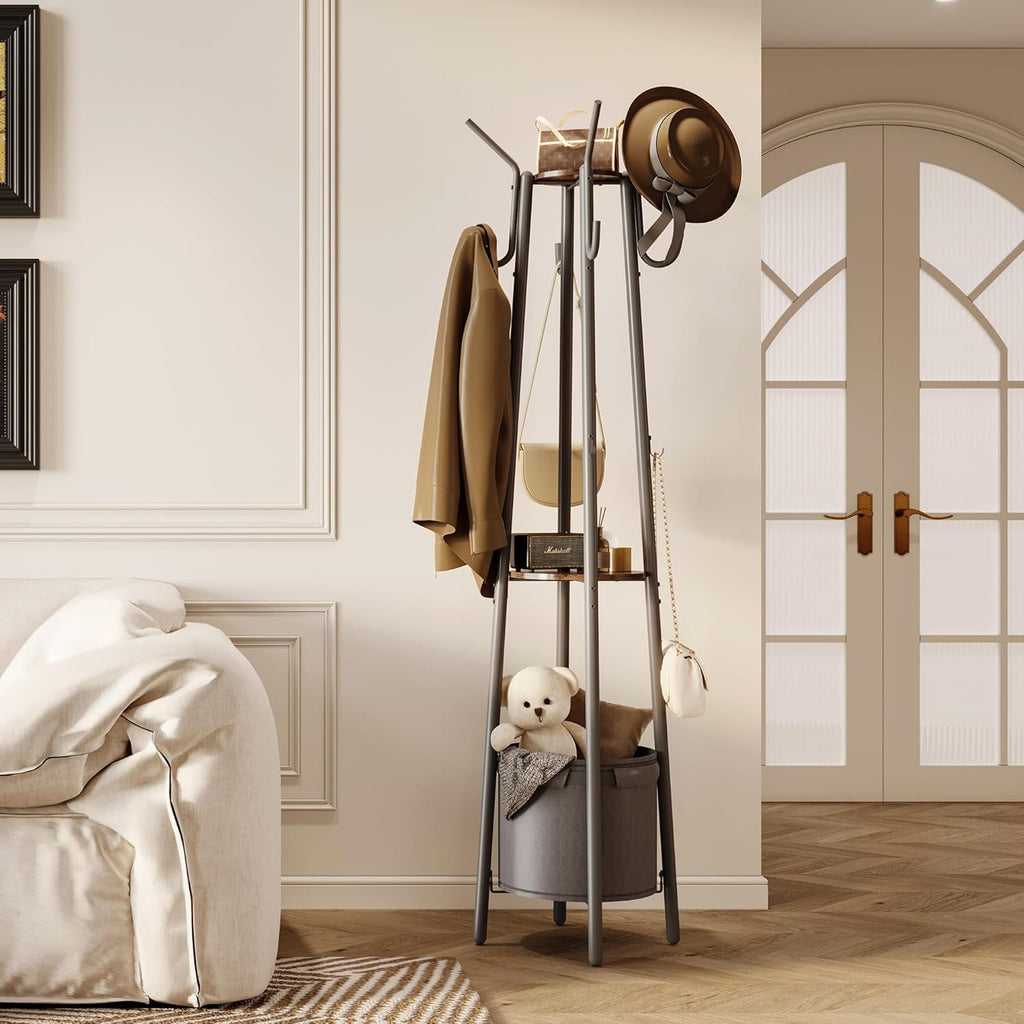 Homeiju Coat Rack with Storage Basket & 12 Hooks, Freestanding Heavy Duty Hall Tree for Entryway, Standing Coat Rack Stand for Hallway, Bedroom, Office