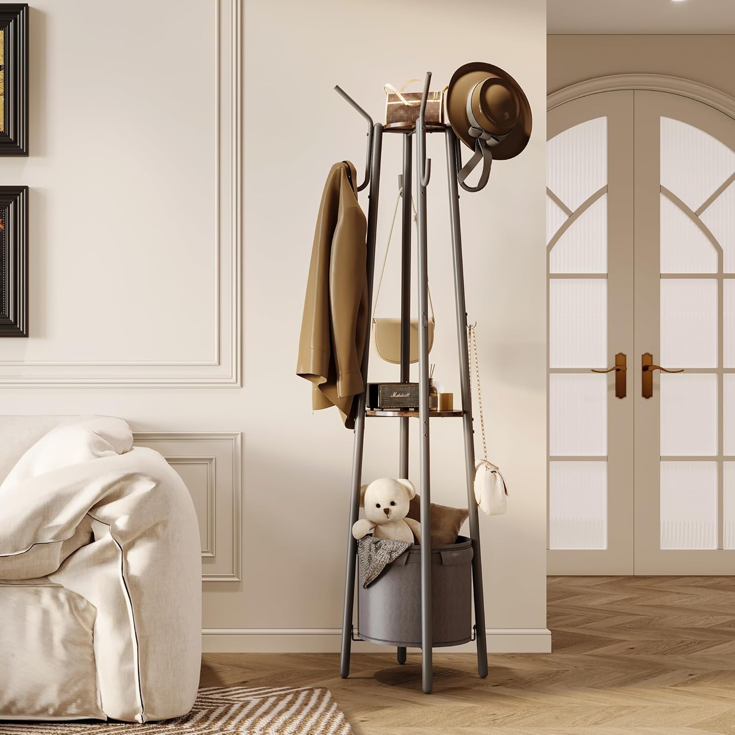 Homeiju Coat Rack with Storage Basket & 12 Hooks, Freestanding Heavy Duty Hall Tree for Entryway, Standing Coat Rack Stand for Hallway, Bedroom, Office
