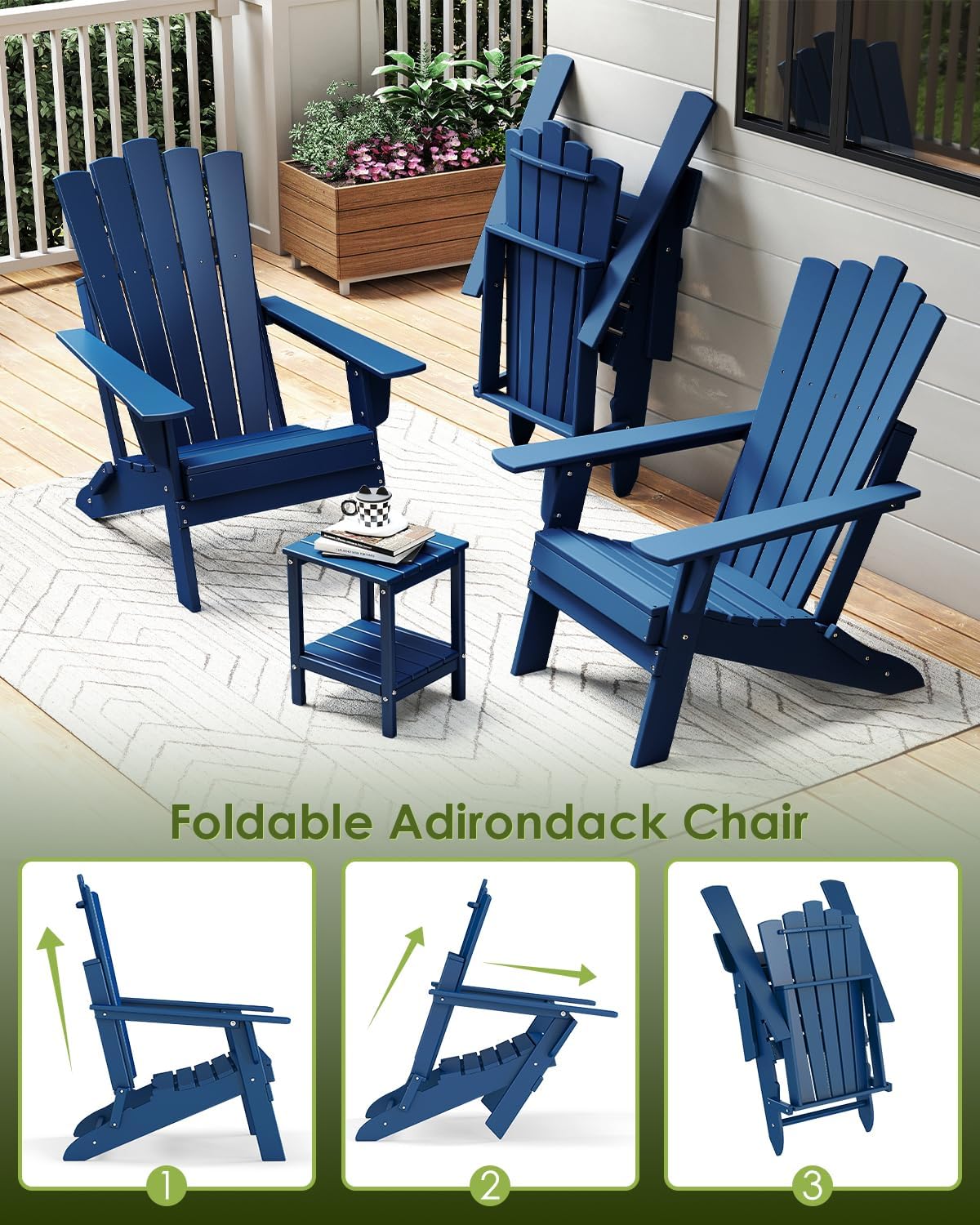 GREENVINES Folding-Adirondack-Chairs-Set-of-2 | HDPE Plastic | Throne Series | Fire Pit Chair | All Weather | for Outdoor Patio Deck Backyard Poolside | Blue