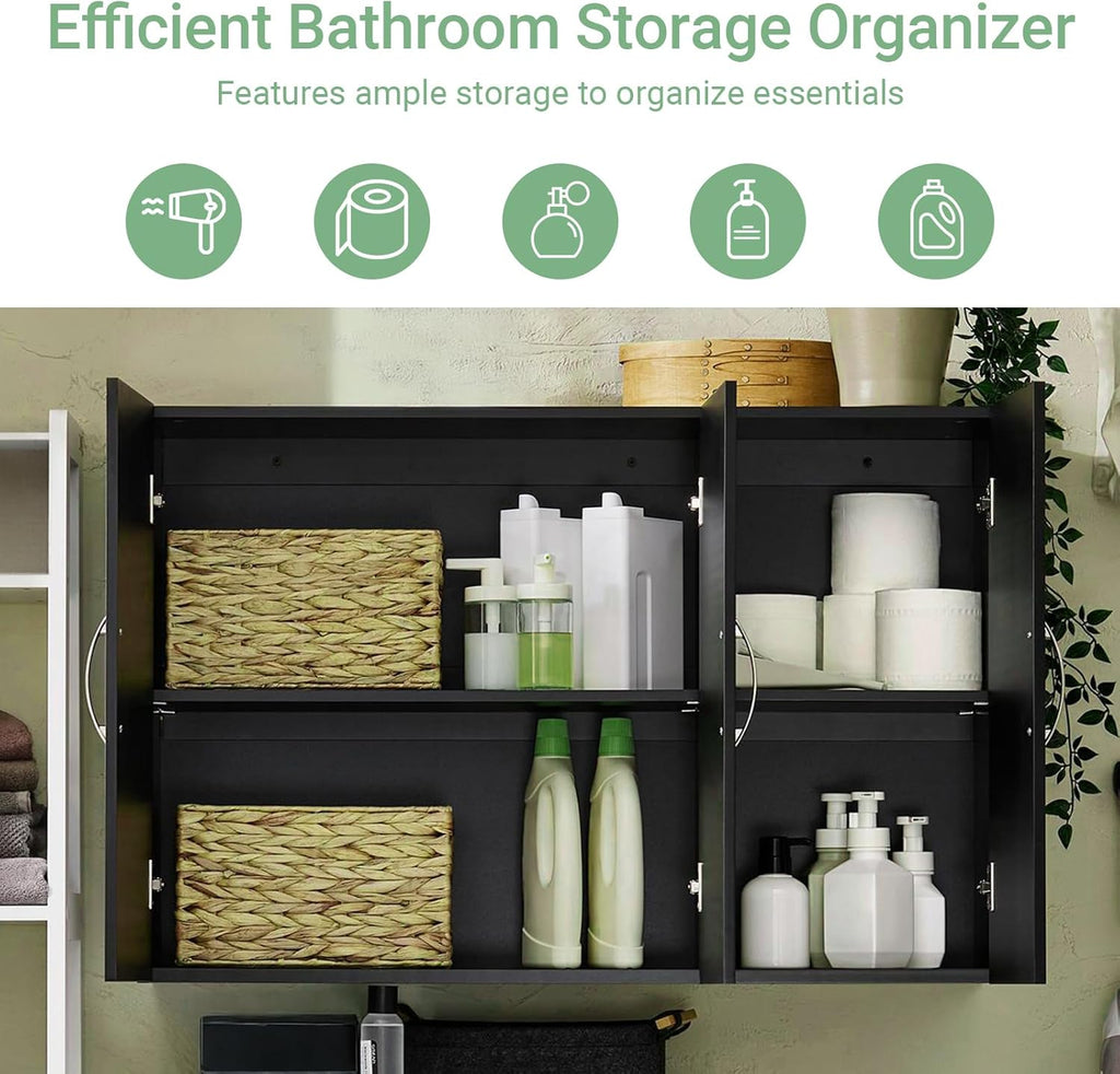 3-Doors Bathroom and Laundry Room Wall Cabinet with Adjustable Shelves, Medicine Cabinet, Wall Mounted MDF Storage Organizer Over Toilet or Washer, Black, HUS-FRG231-L