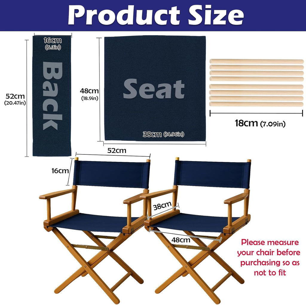 STAY GENT 18''L X 15''W 2 Set Directors Chair Replacement Canvas for 18'' Director Chairs, Replacement Cover Canvas Seat and 19.7''L X 6.3''W Back Covers Kit for Director Chairs Movie Chair, Navy Blue