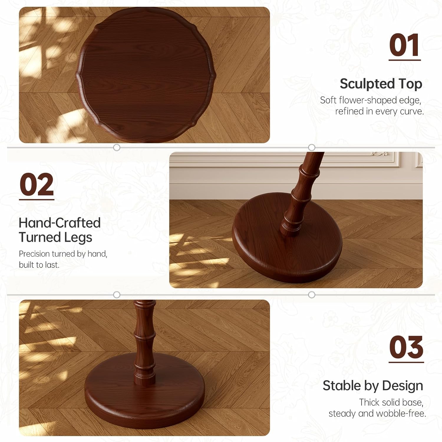 100% Solid Wood Round Pedestal Side Table, Vintage End Table for Living Room Bedroom, Heavy-Duty Antique Accent Table for Corner Spaces, Small Bedside Nightstand, 5-Min Assembly, Walnut