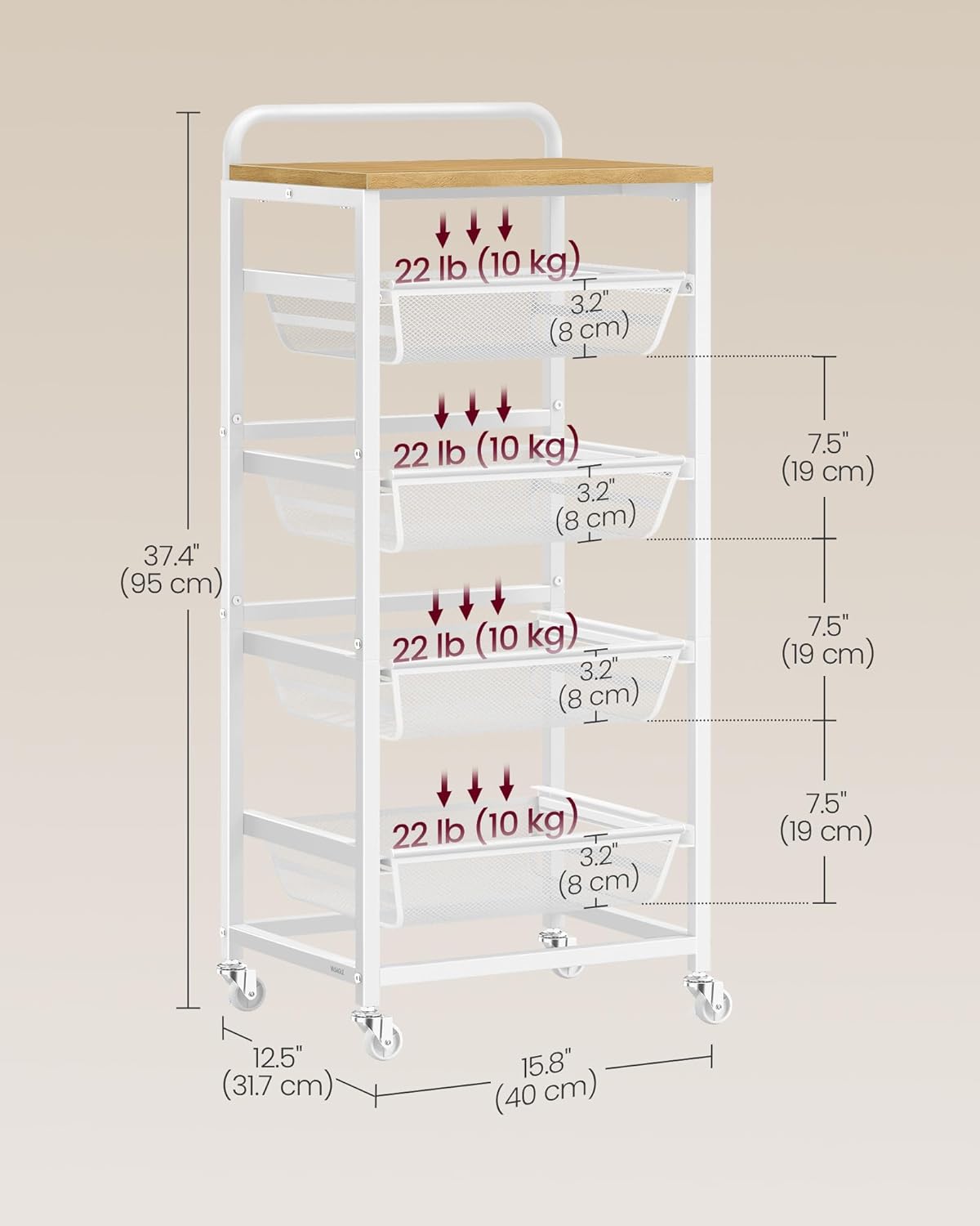 VASAGLE Storage Rolling Cart with Pull-Out Baskets, 5-Tier Utility Cart Orgnizer with Wheels for Laundry Room, Kitchen, Handle, 12.5 x 15.8 x 37.4 Inches, Golden Oak and Matte White ULRC041YA01