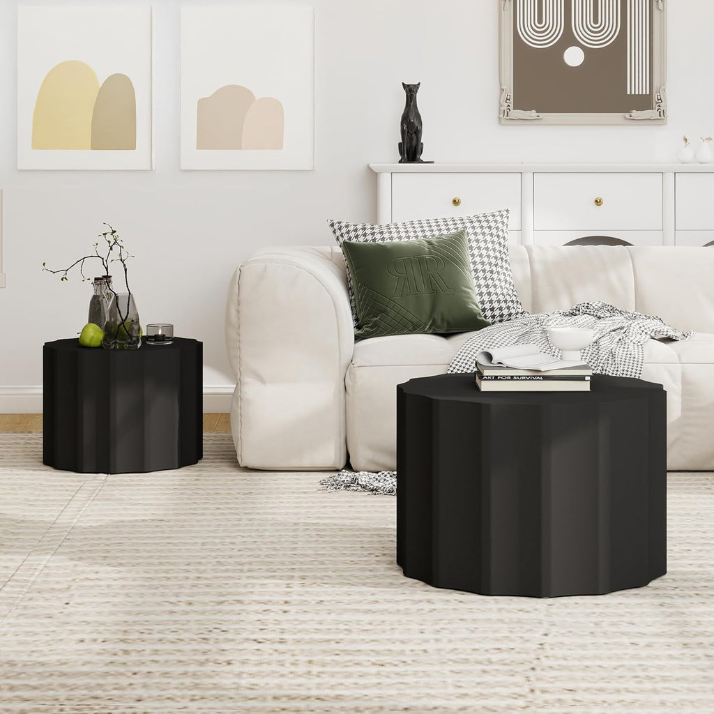 Nesting Coffee Table Set of 2, Modern Round Coffee Table with Non-Slip Feet, Wooden Circle Accent Tables for Small Spaces, Side End Table for Living Room, Bedroom, Balcony, Office, Black