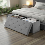 DUMOS 43 Inch Folding Storage Ottoman Bench, Large Hidden Storage Chest with Thicker Foam Padded Seat, End of Bed Foot Rest Stool for Bedroom Living Room Entryway, Load 660 lbs, Grey