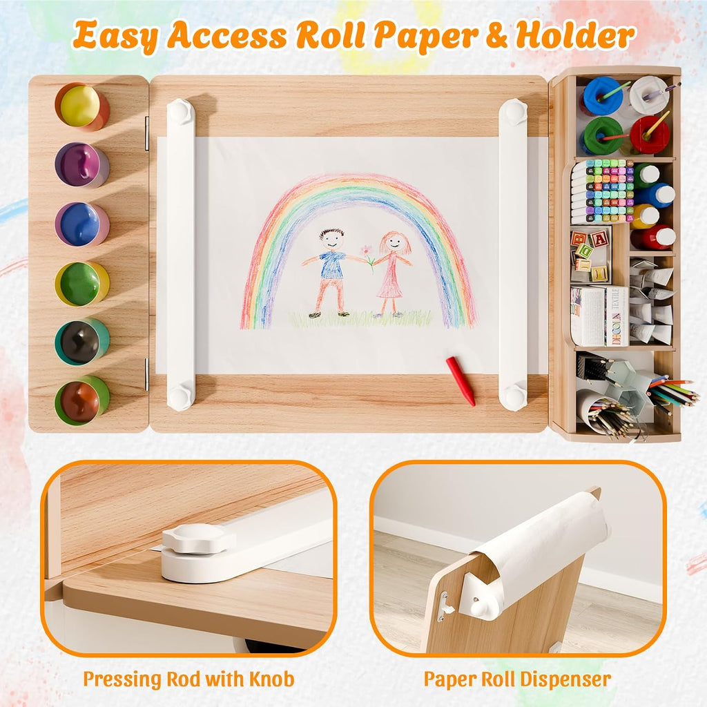 Kids Art Table and Chair Set with 2 Chair & Bins, 44" L x 24" W, Natural | Large Storage Kids Activity Desk, Toddler Craft Table and Chairs Set with Paper Roll for Playrooms & Classroom