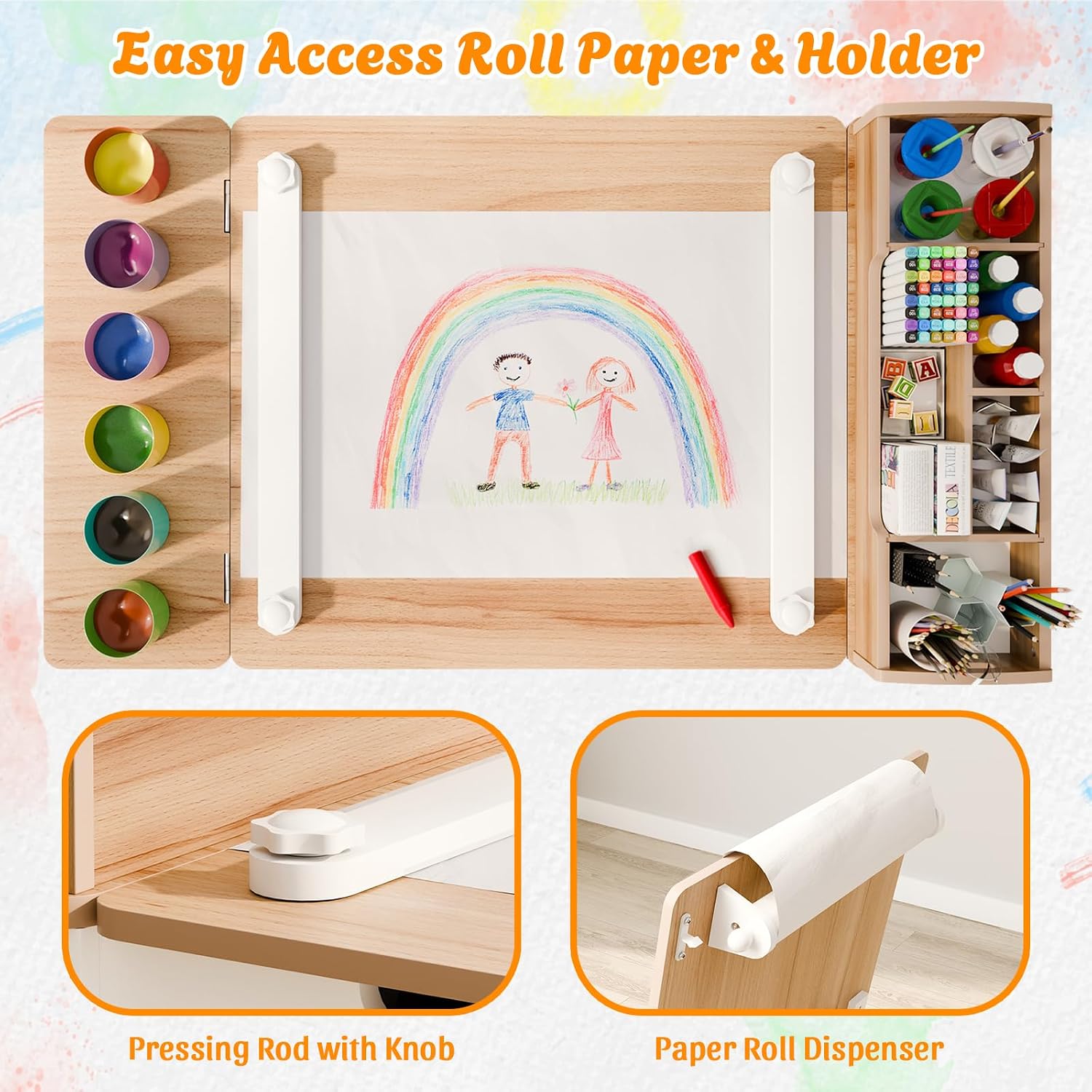 Kids Art Table and Chair Set with 2 Chair & Bins, 44" L x 24" W, Natural | Large Storage Kids Activity Desk, Toddler Craft Table and Chairs Set with Paper Roll for Playrooms & Classroom