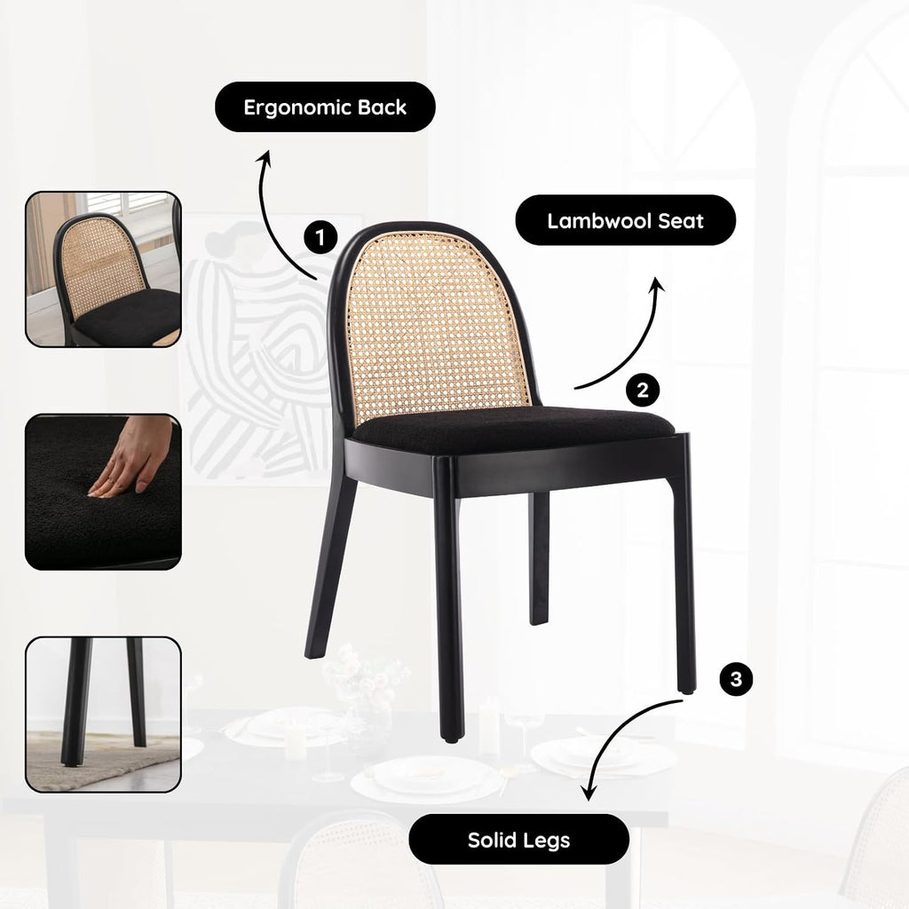 HEAH-YO Rattan Dining Chairs Set of 2, Upholstered Sherpa Dining Room Chairs with Backrests, Modern Kitchen Chairs with Wood Legs for Dining Room, Black