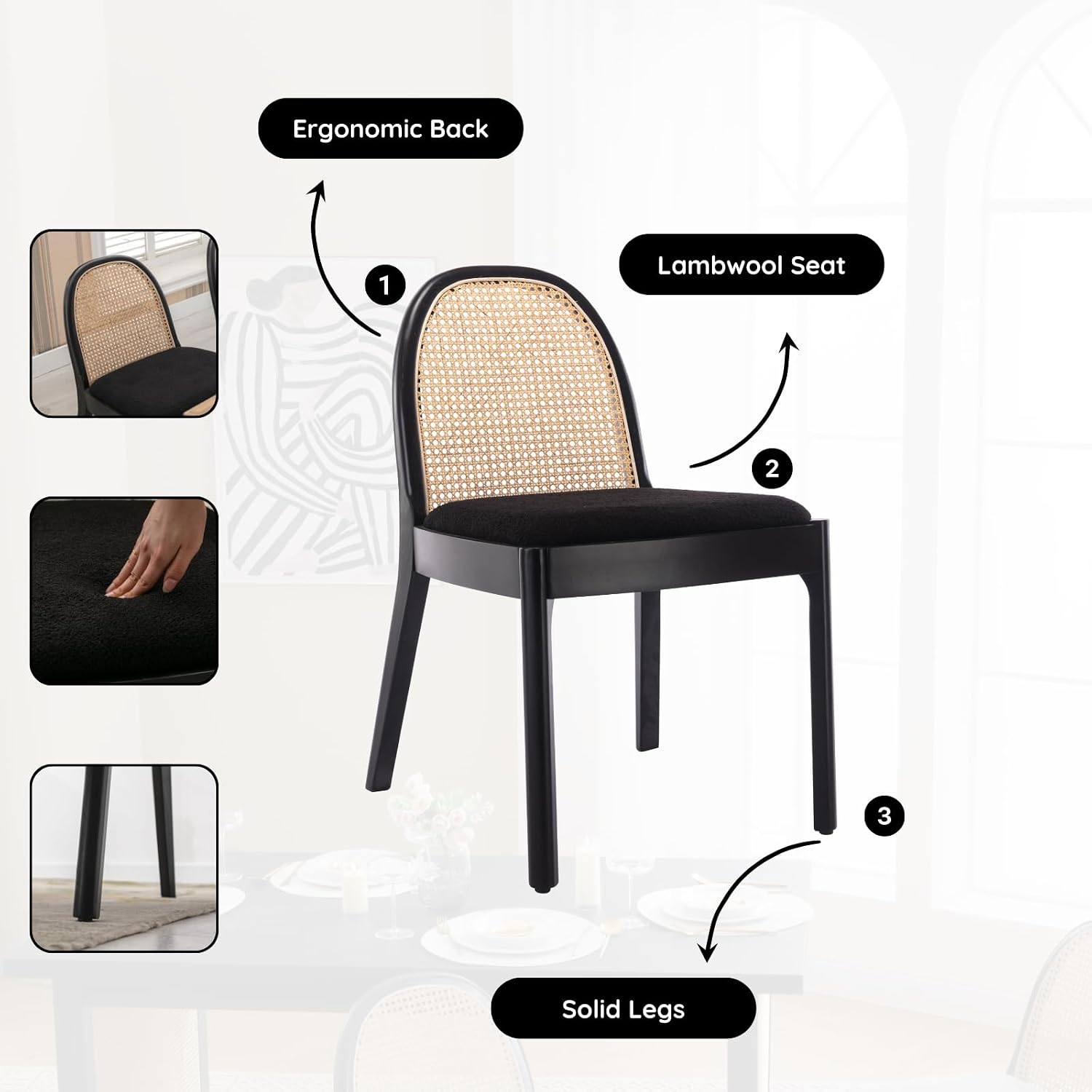 HEAH-YO Rattan Dining Chairs Set of 2, Upholstered Sherpa Dining Room Chairs with Backrests, Modern Kitchen Chairs with Wood Legs for Dining Room, Black
